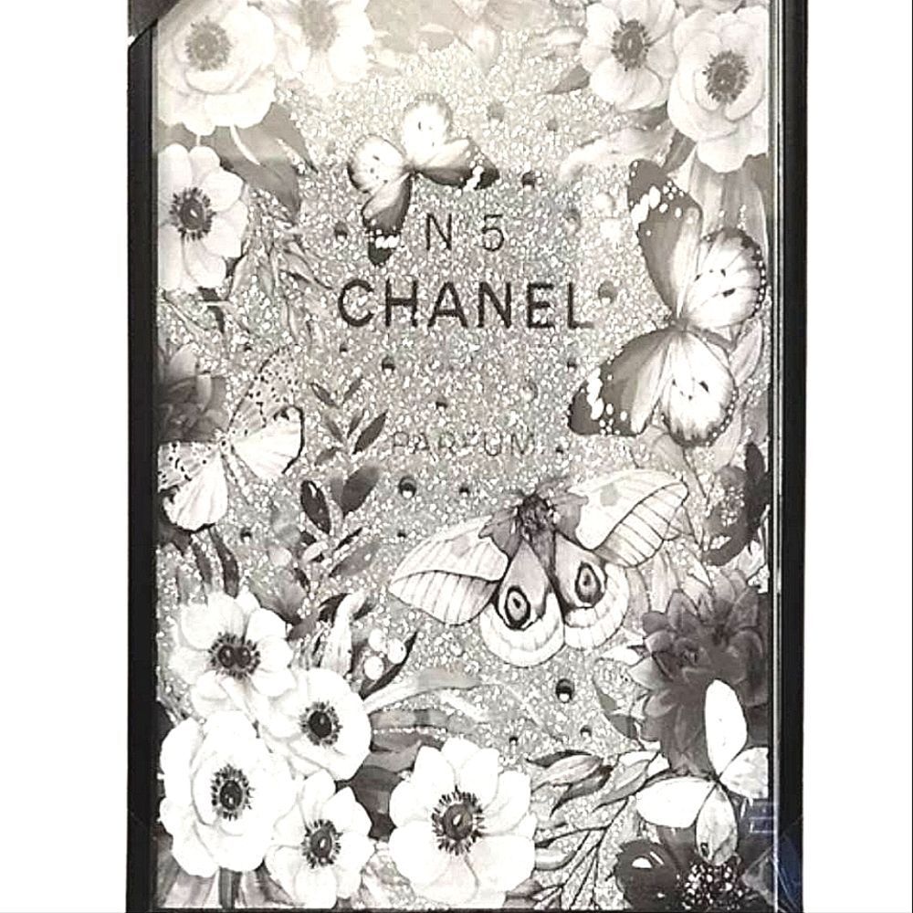 Design District Chanel No. 5 Parfum Butterfly & Floral Glitter Framed Wall Decor